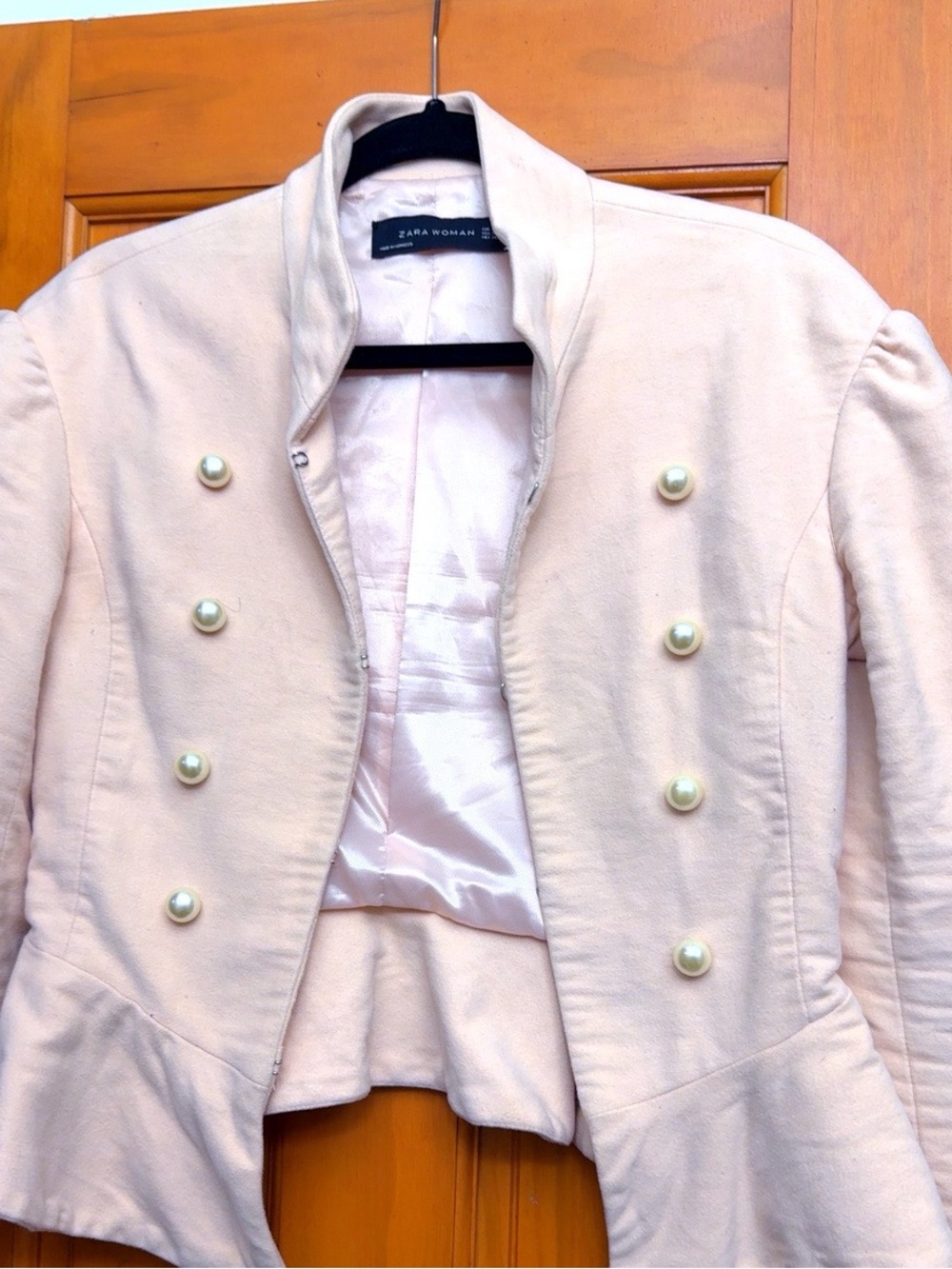 Zara Pale Pink Double-Breasted Peplum Blazer with Pearl Buttons